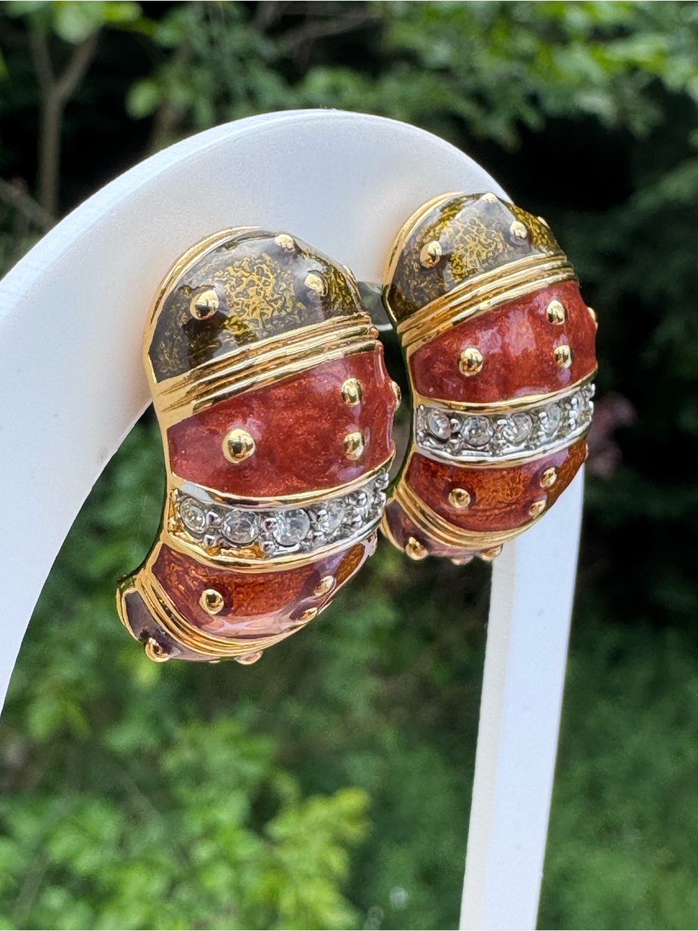 Vintage JOAN RIVERS Small Hoop Earring Gold Plated, Enamel Crystals Half Hoop